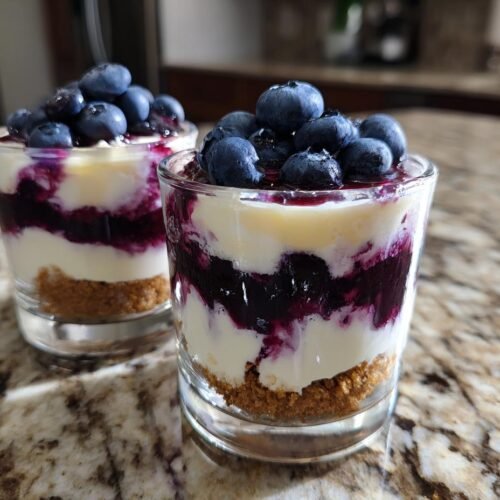 Deux verrines de cheesecake aux myrtilles sans cuisson, garnies de myrtilles fraîches.