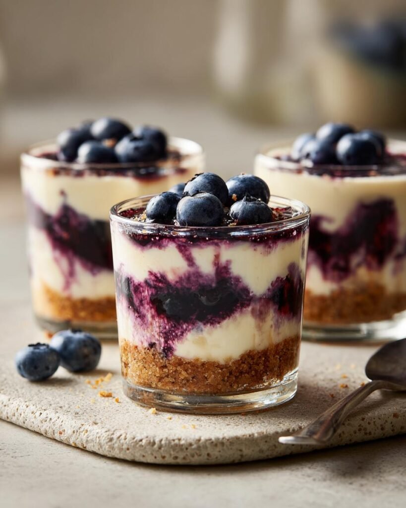 Trois verrines de cheesecake aux myrtilles sans cuisson, garnies de myrtilles fraîches et d'une base de biscuits.