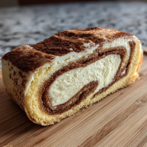 Gros plan d'une tranche de cheesecake roulé à la cannelle, garnie de cacao en poudre.