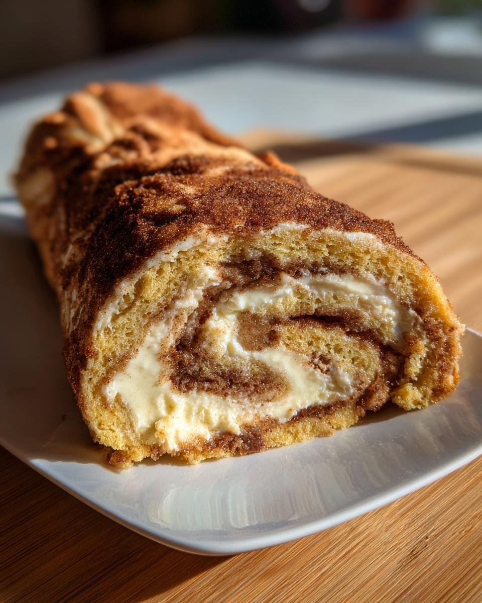 Gros plan d'une tranche de cheesecake roulé à la cannelle, garni de crème et de spirales de cannelle.