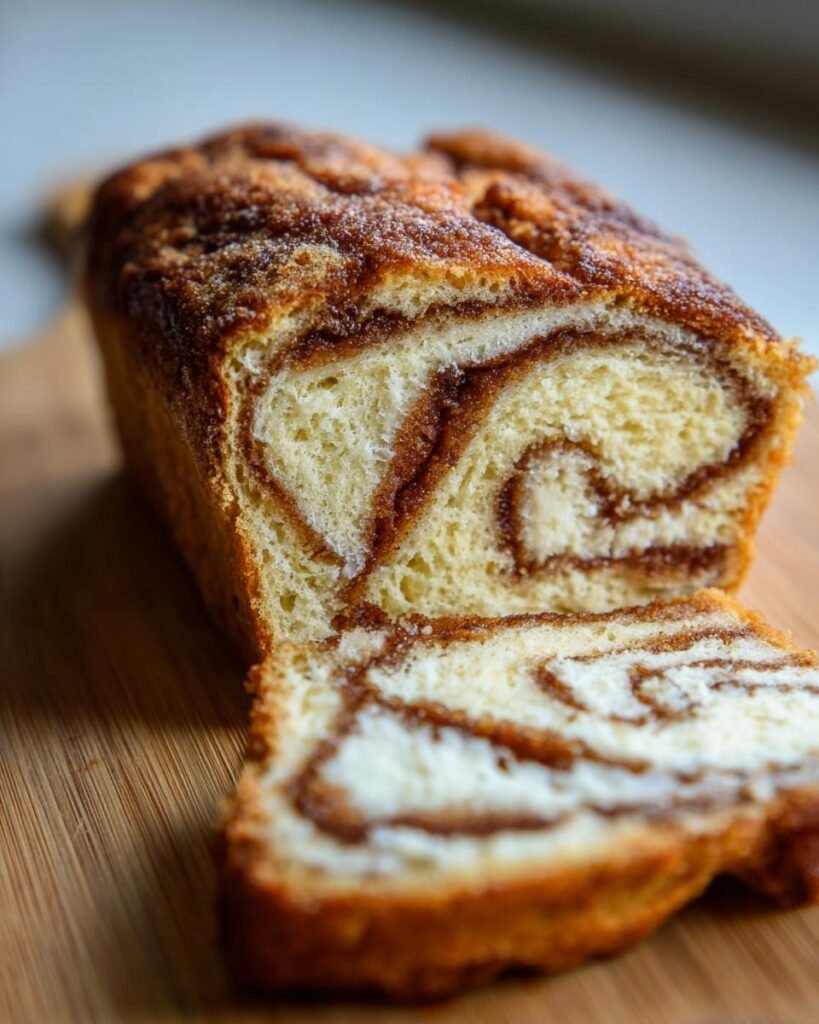 Gros plan d'une tranche de cheesecake roulé à la cannelle sur une planche en bois, révélant les spirales de cannelle et de fromage.