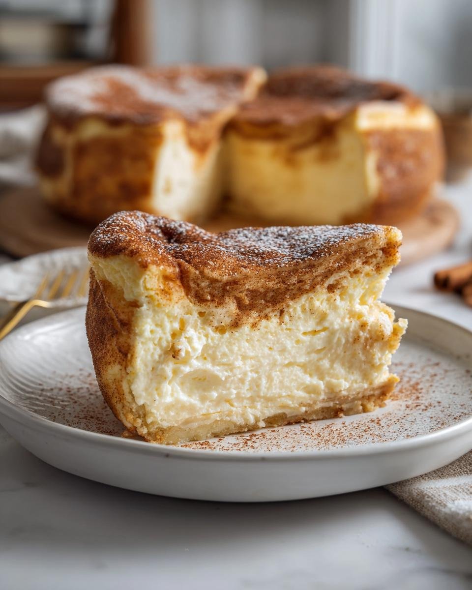 Gros plan d'une tranche de Churro Cheesecake crémeuse, saupoudrée de cannelle et de sucre glace.
