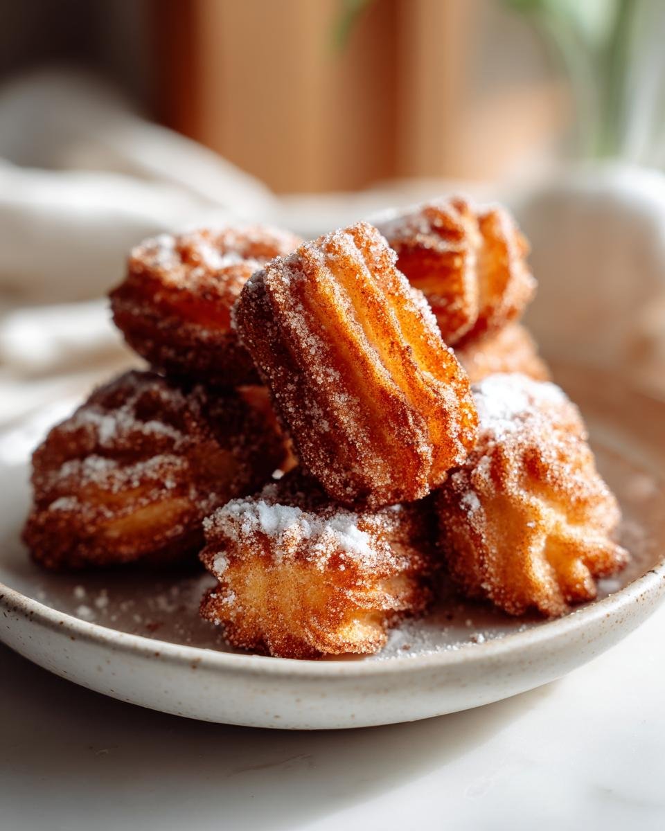 Gros plan de churros à la friteuse à air, dorés et saupoudrés de sucre et de cannelle.