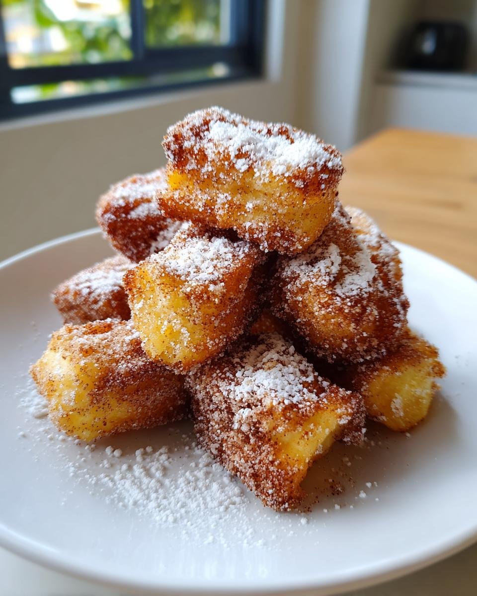 Gros plan sur une pile de churros à la friteuse à air saupoudrés de sucre glace et de cannelle.