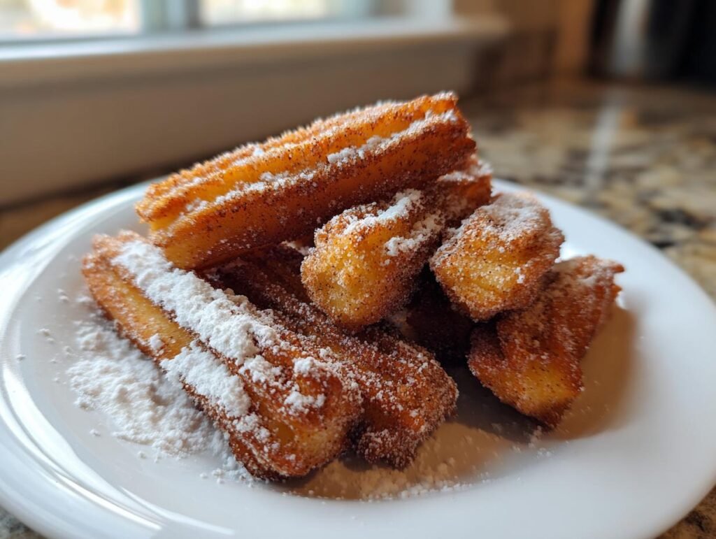 Gros plan de churros à la friteuse à air saupoudrés de sucre glace et de cannelle sur une assiette blanche.