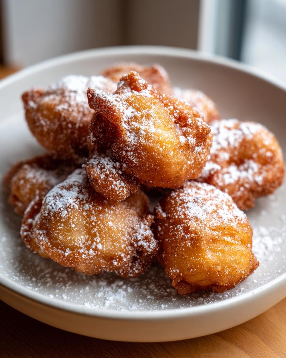 Gros plan de churros à la friteuse à air, dorés et saupoudrés de sucre glace, dans une assiette.