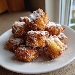 Gros plan de churros à la friteuse à air empilés sur une assiette blanche, saupoudrés de sucre glace.