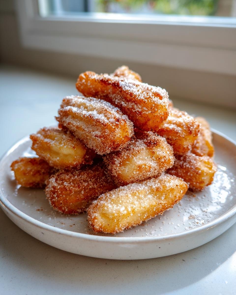 Gros plan d'une pile de churros à la friteuse à air, saupoudrés de sucre et de cannelle.
