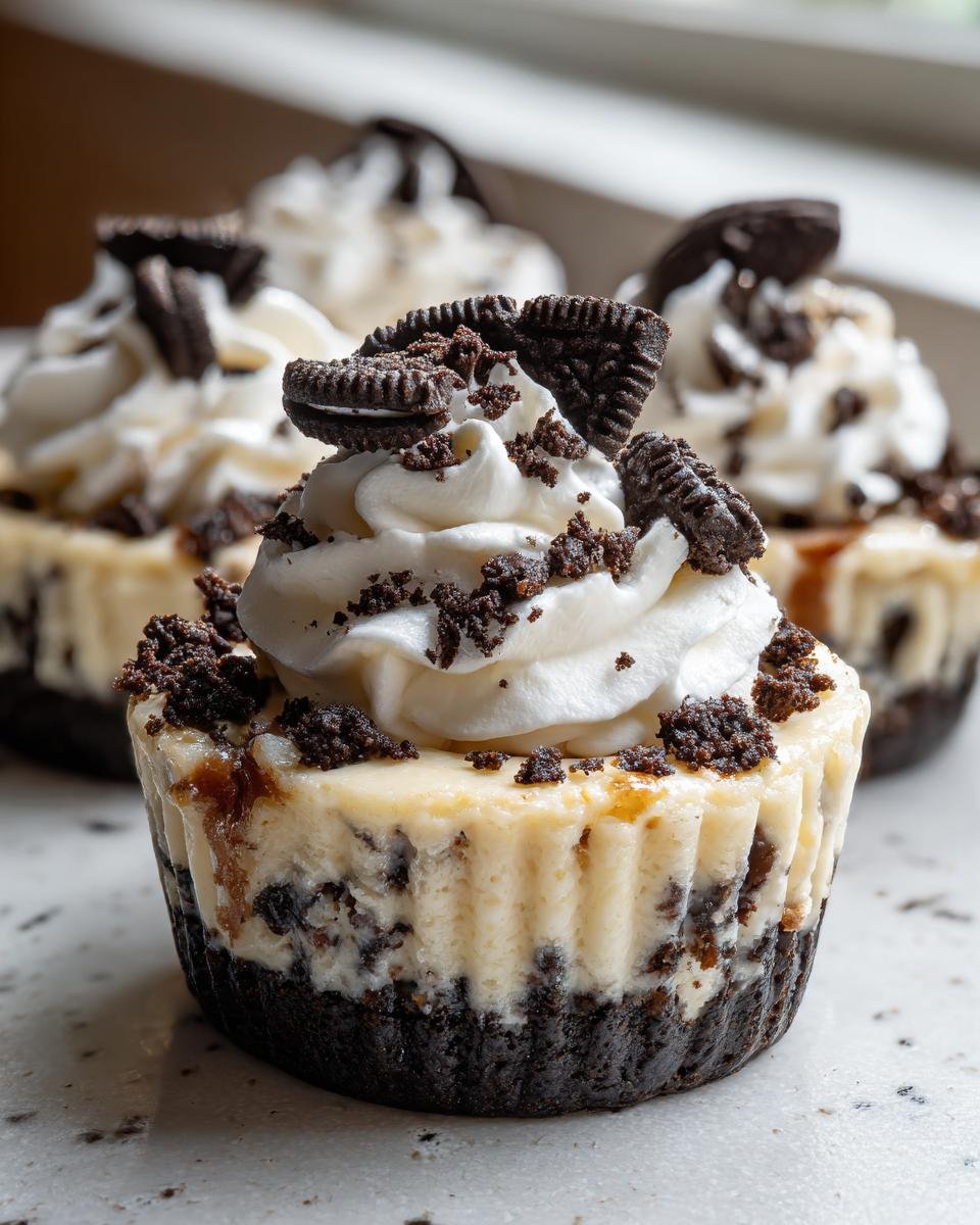 Gros plan sur un mini Cookies Cheesecake Oreo garni de crème fouettée et de miettes d'Oreo.