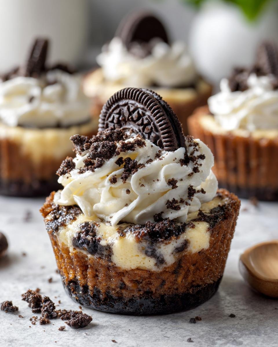 Gros plan d'un Cookies Cheesecake Oreo individuel garni de crème fouettée et de miettes d'Oreo.