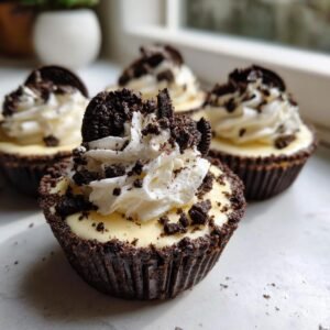 Gros plan sur des mini Cookies Cheesecake Oreo individuels garnis de crème fouettée et de miettes d'Oreo.
