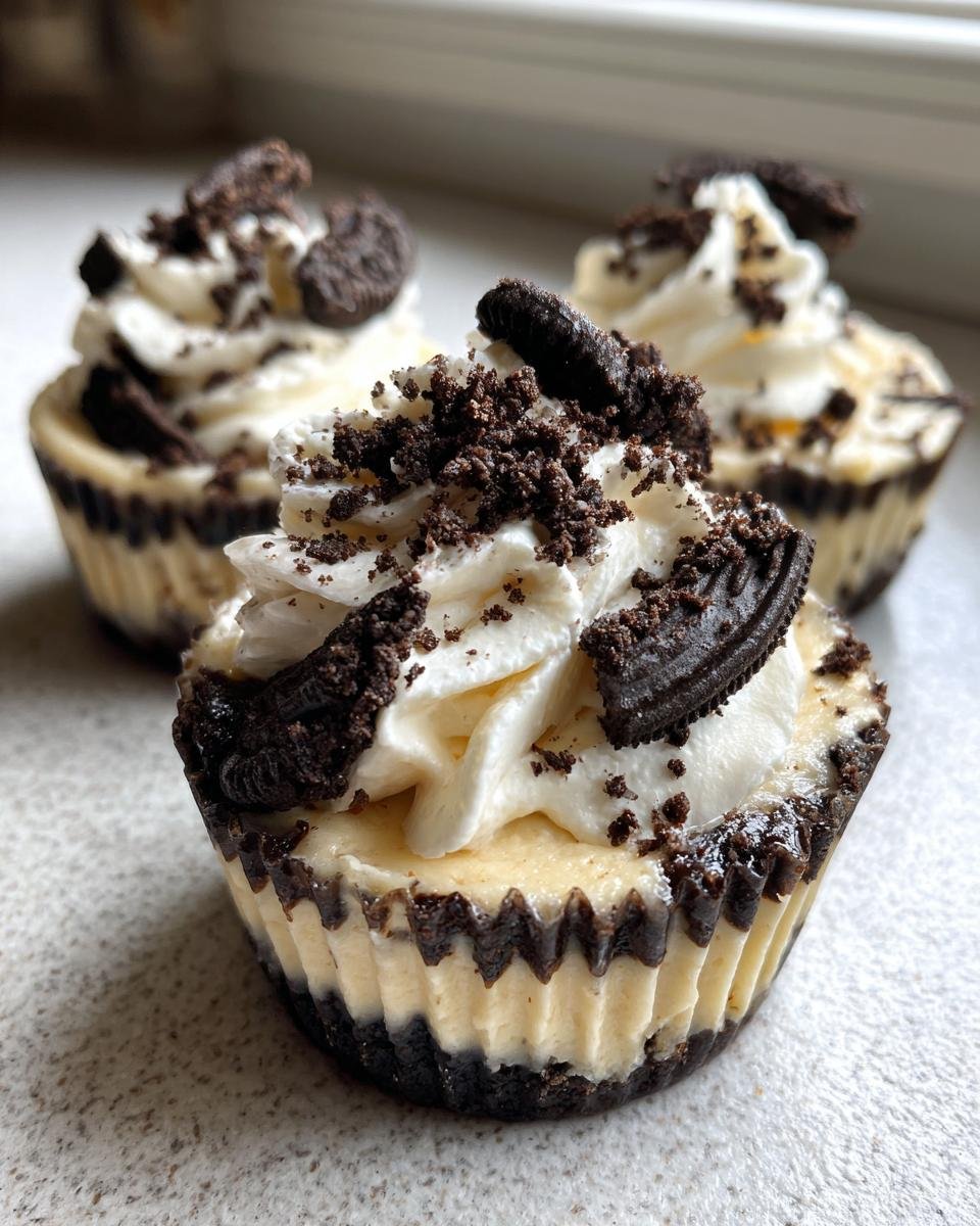 Trois mini cheesecakes Cookies Cheesecake Oreo individuels, garnis de crème fouettée et de miettes d'Oreo.