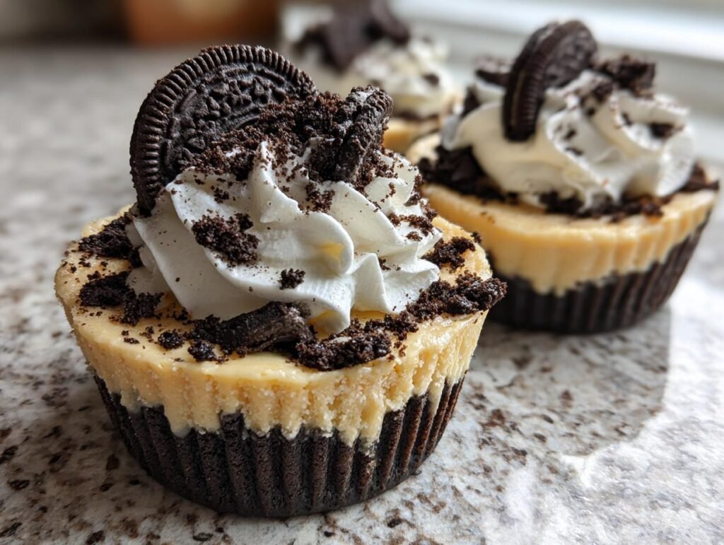 Gros plan sur des mini-cheesecakes Cookies Cheesecake Oreo garnies de crème fouettée et de miettes d'Oreo.