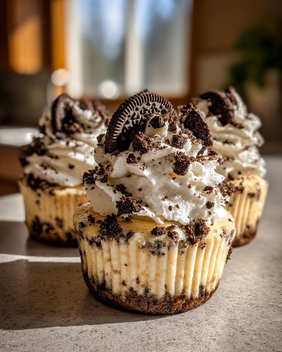 Trois mini Cookies Cheesecake Oreo individuels garnis de crème fouettée et de miettes d'Oreo.