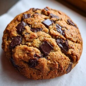 Gros plan d'un cookie géant au chocolat keto, parsemé de pépites de chocolat noir.