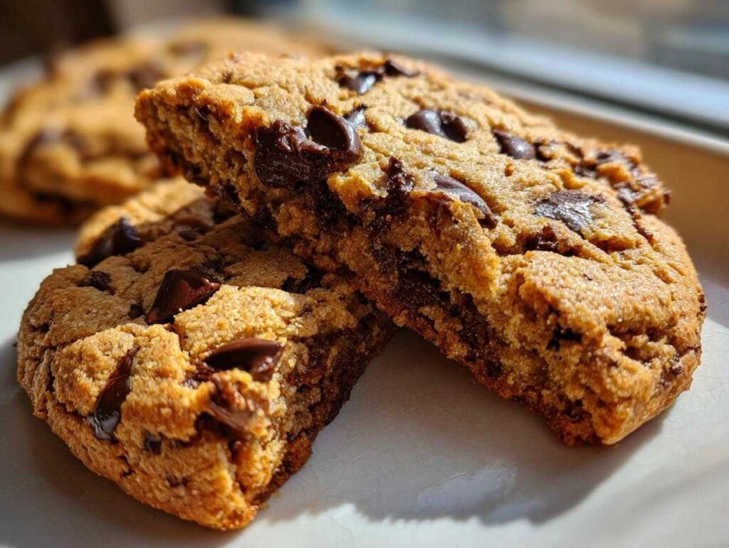 Gros plan sur des cookies géants chocolat keto, un est cassé, révélant sa texture moelleuse et ses pépites de chocolat.