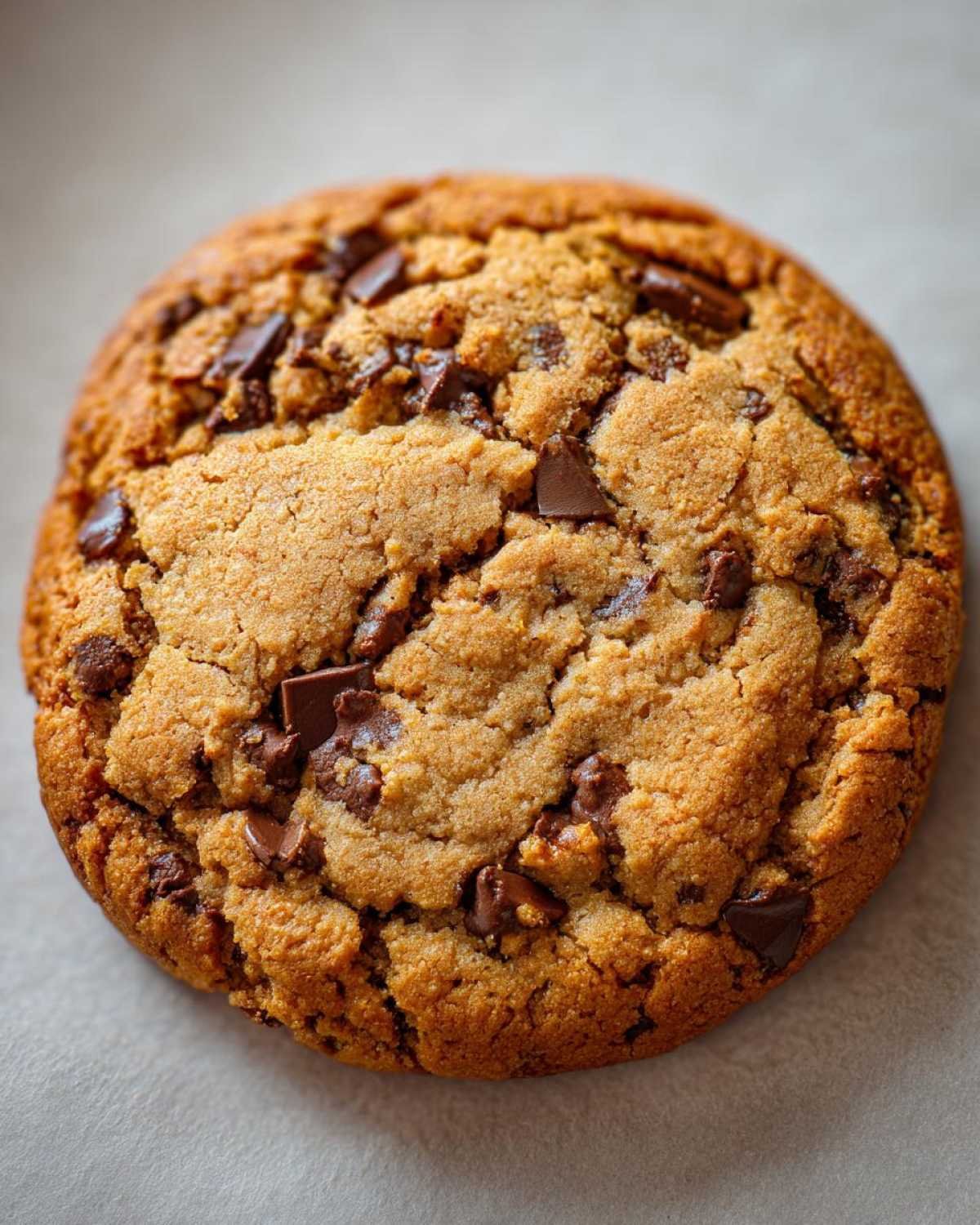 Gros plan d'un cookie géant au chocolat, keto, avec des pépites de chocolat fondantes.