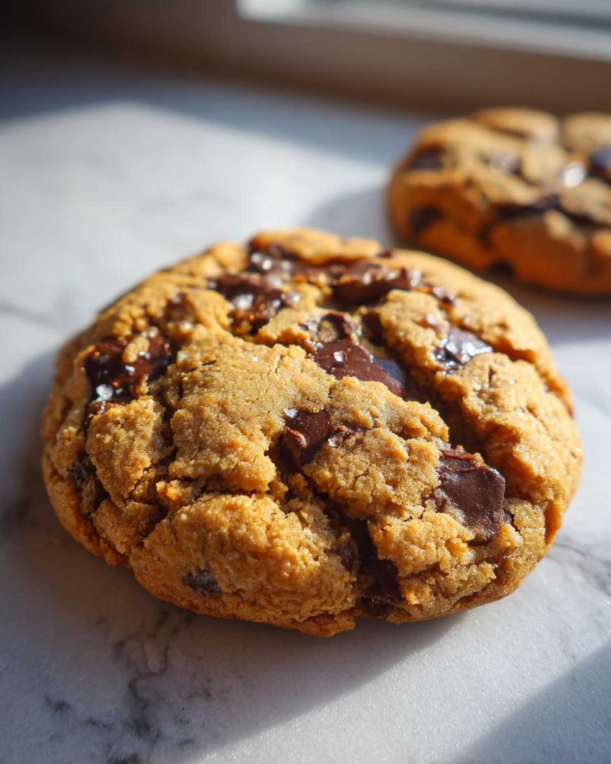 Gros plan d'un cookie géant chocolat keto avec des pépites de chocolat noir et une pincée de sel.