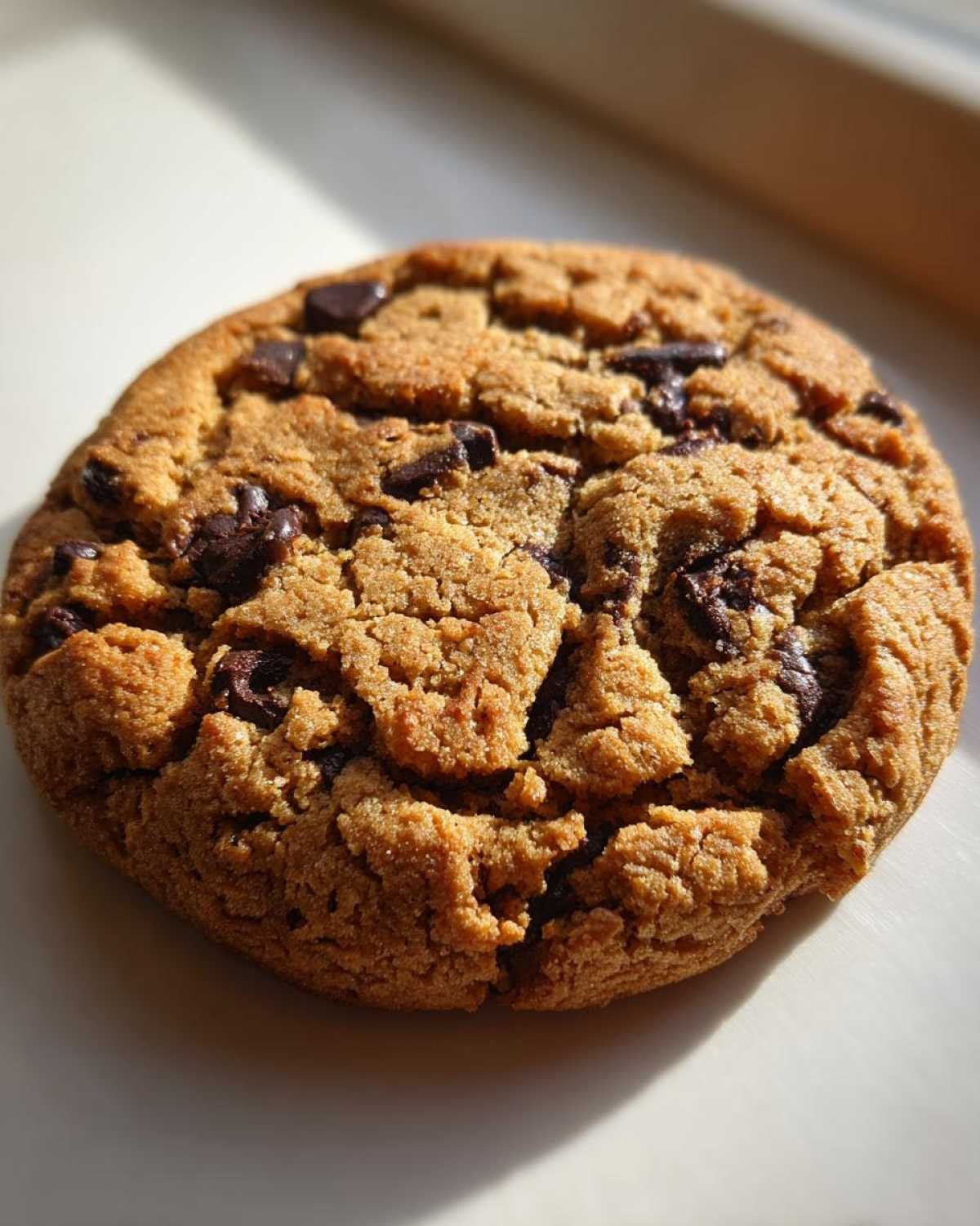 Gros plan d'un cookie géant au chocolat keto, avec des pépites de chocolat fondantes.