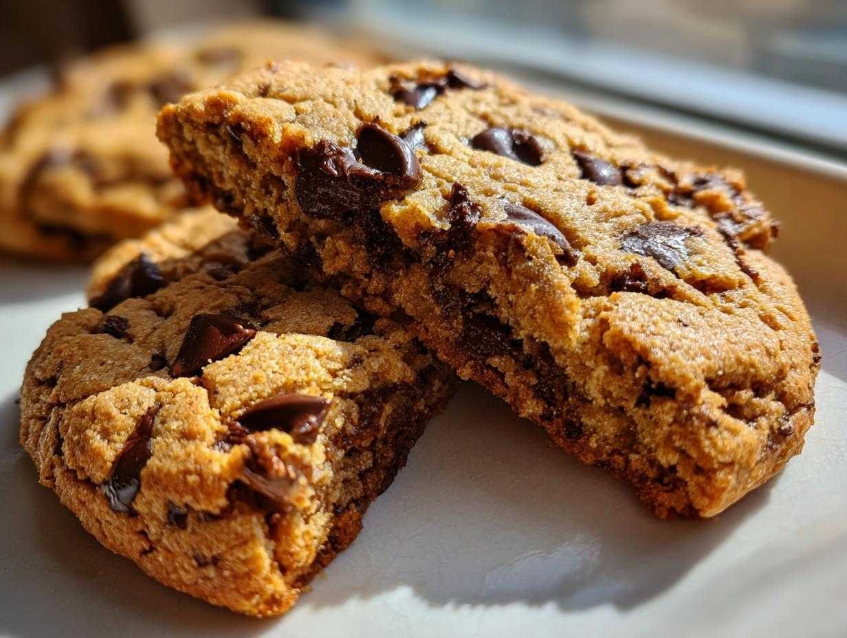 Gros plan sur des cookies géants chocolat keto, un est cassé, révélant sa texture moelleuse et ses pépites de chocolat.