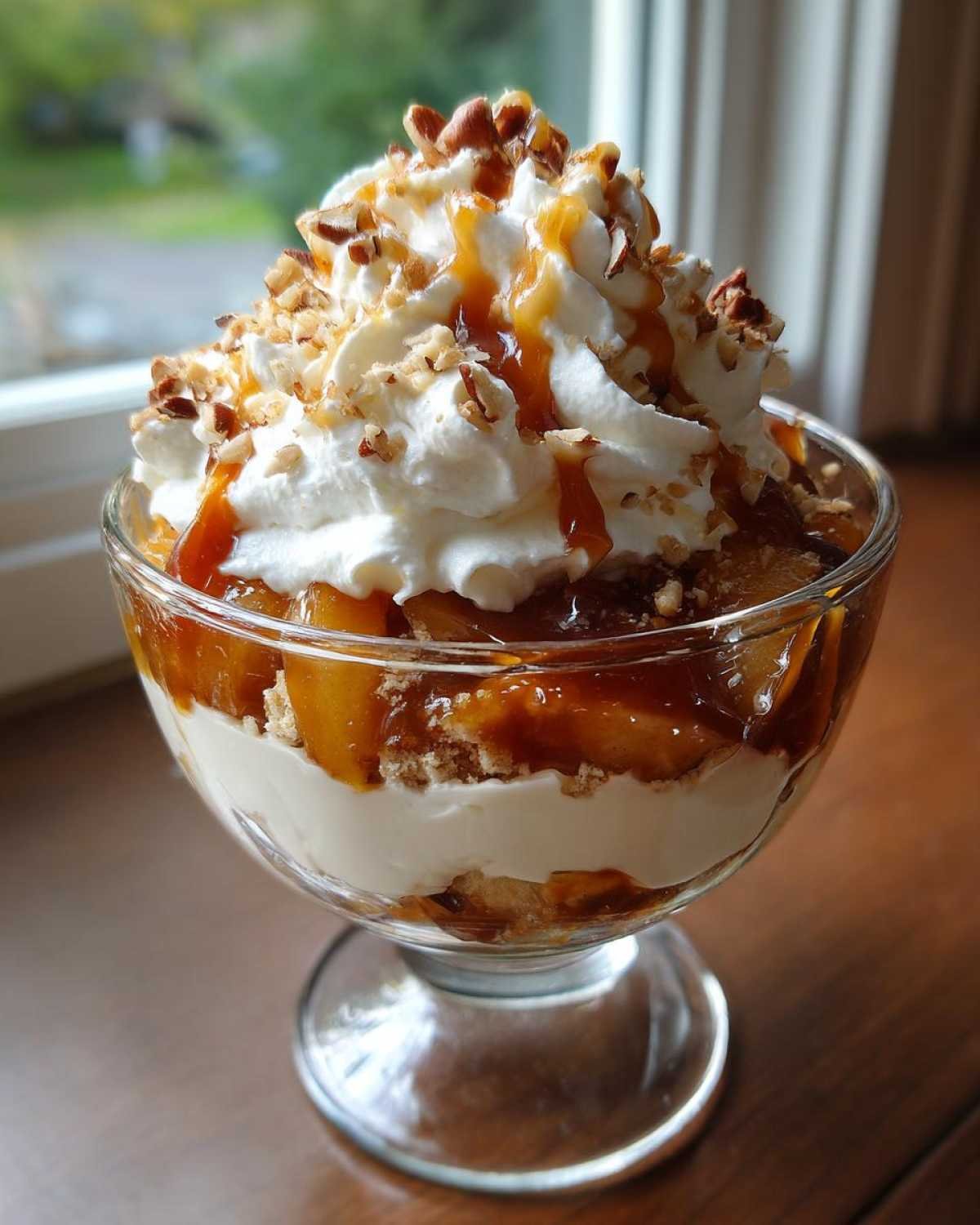 Gros plan d'une coupe dessert pomme caramel avec crème fouettée, noix et coulis de caramel.
