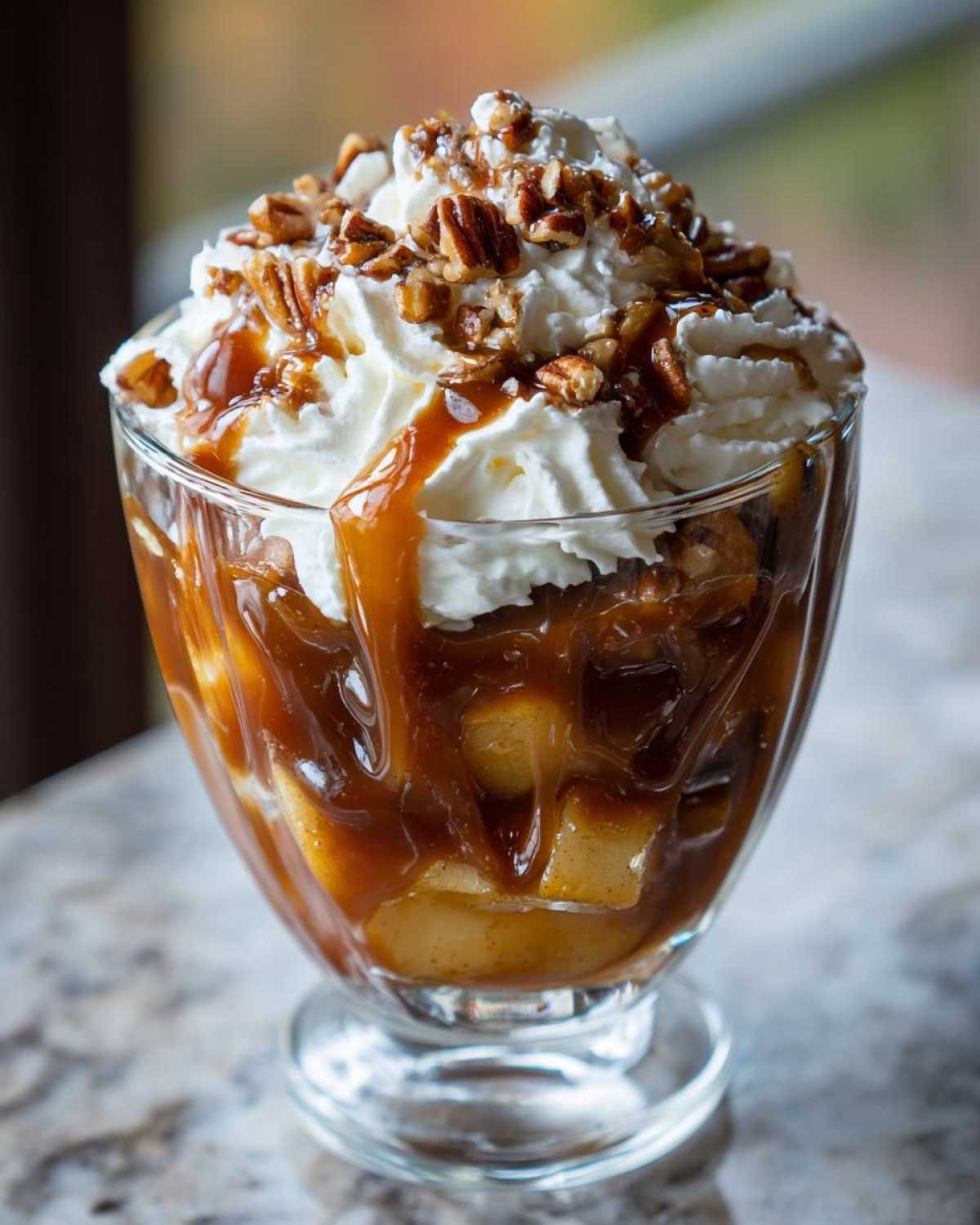Gros plan d'une coupe dessert pomme caramel avec chantilly, noix de pécan et sauce caramel dégoulinante.