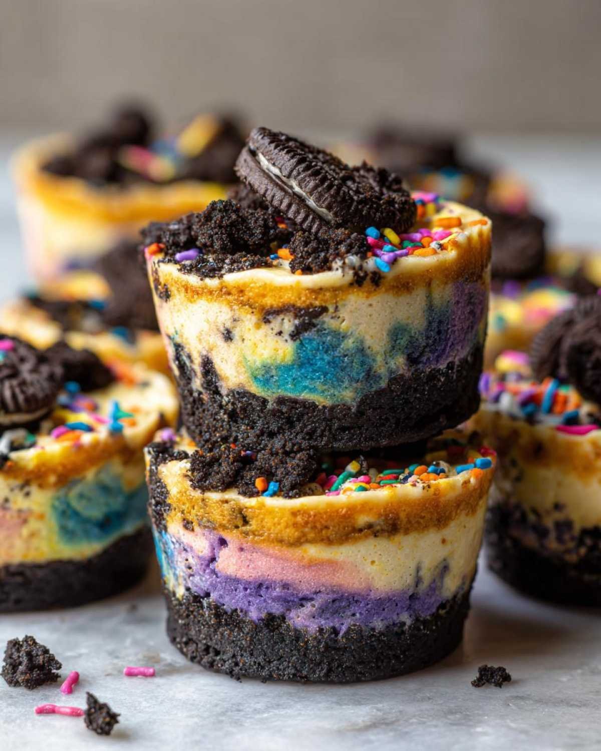 Gros plan sur des coupes cheesecake Oreo arc-en-ciel avec garniture de miettes d'Oreo et de vermicelles colorés.
