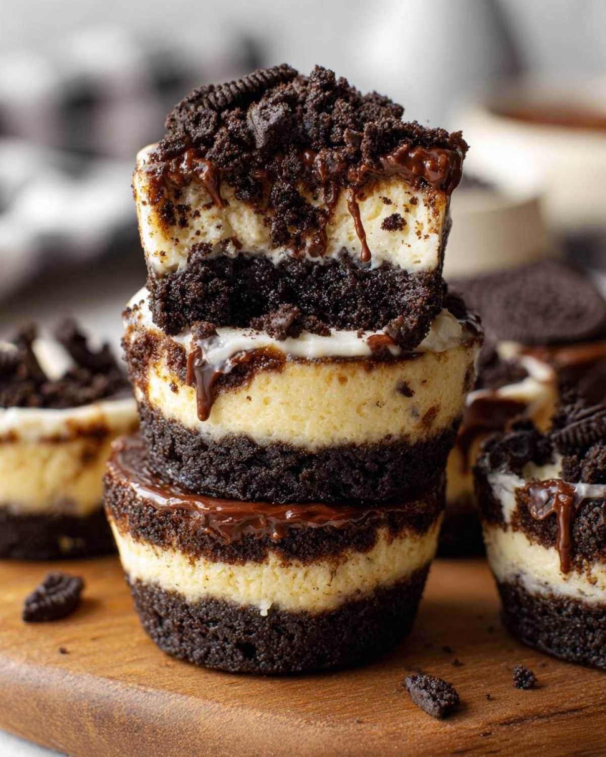 Gros plan de coupes cheesecake Oreo empilées, garnies de miettes d'Oreo et de sauce au chocolat.