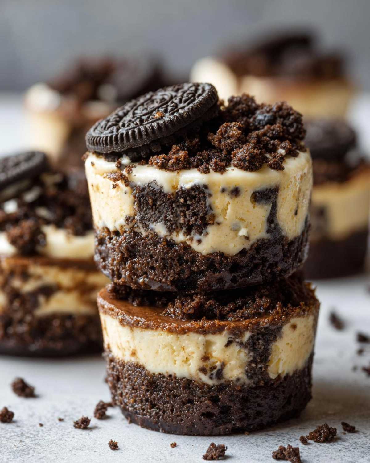 Deux coupes cheesecake Oreo empilées, garnies de miettes d'Oreo et d'un biscuit entier.