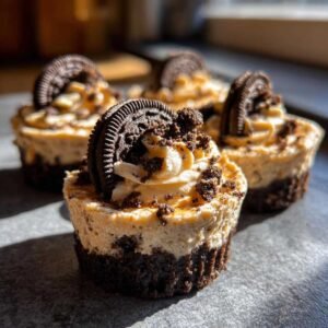 Gros plan sur des coupes cheesecake Oreo individuelles, garnies de crème et de miettes d'Oreo.