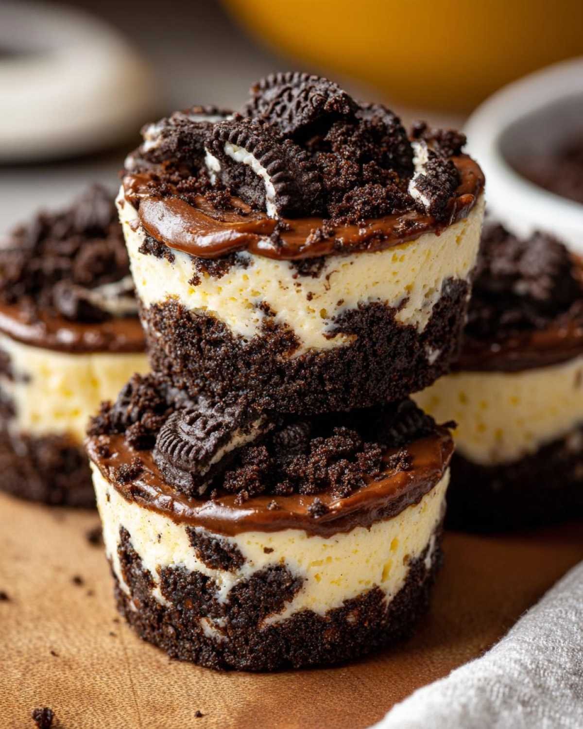 Gros plan sur des coupes cheesecake Oreo empilées, garnies de miettes d'Oreo et de chocolat.