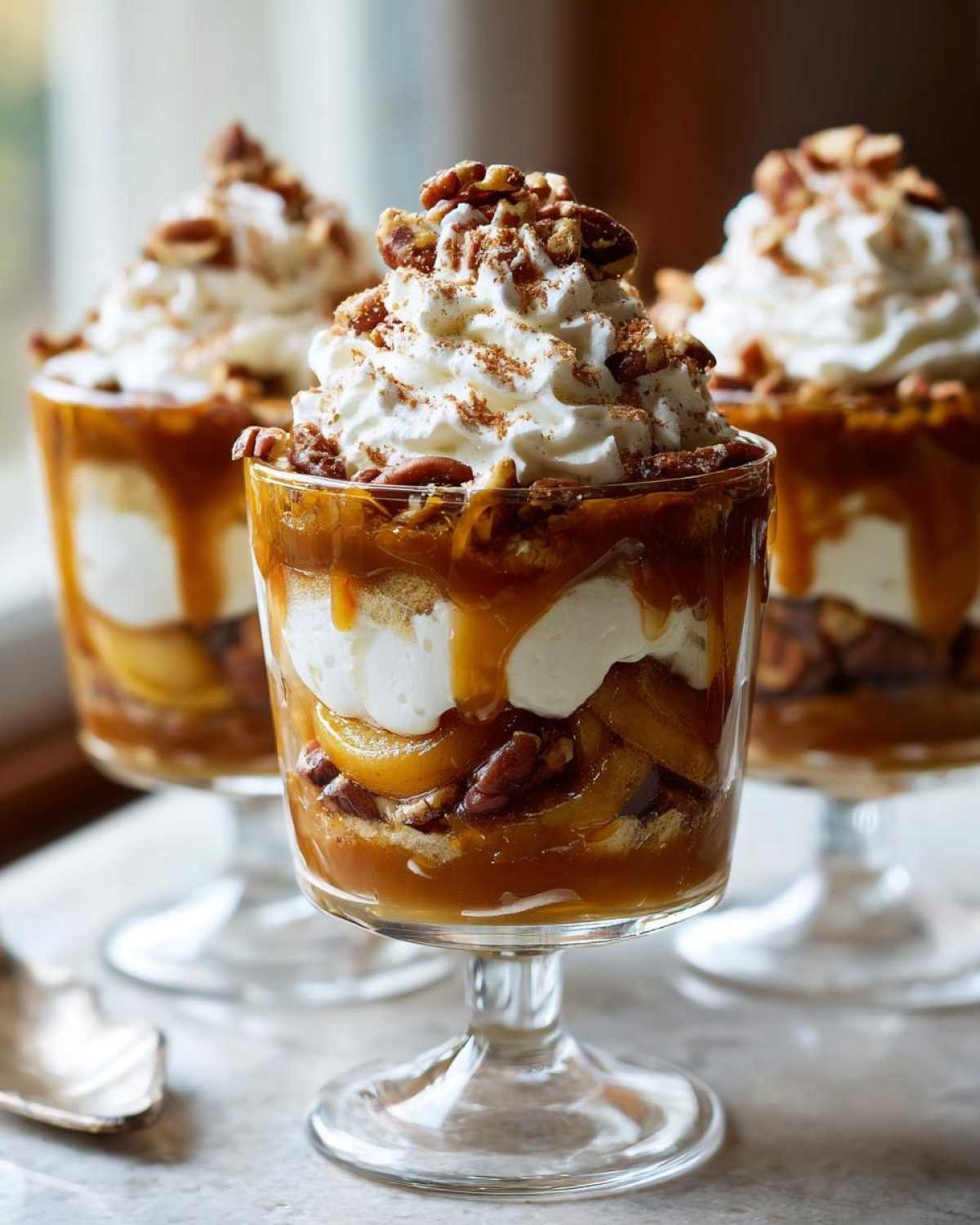 Gros plan de coupes dessert pomme caramel avec crème fouettée et noix de pécan.