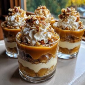 Gros plan de coupes dessert pomme caramel avec crème fouettée et noix concassées.