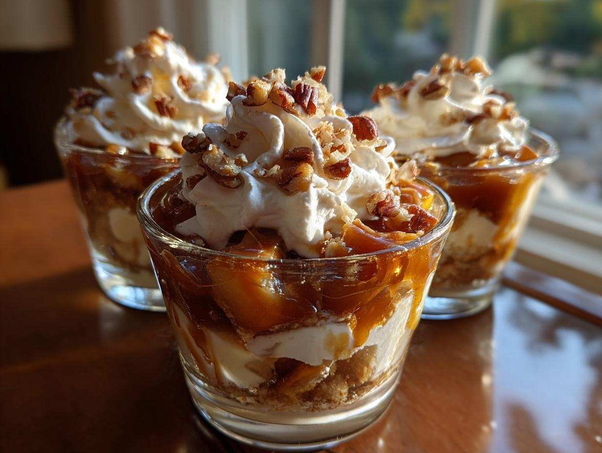 Trois coupes dessert pomme caramel individuelles garnies de crème fouettée et de noix concassées.