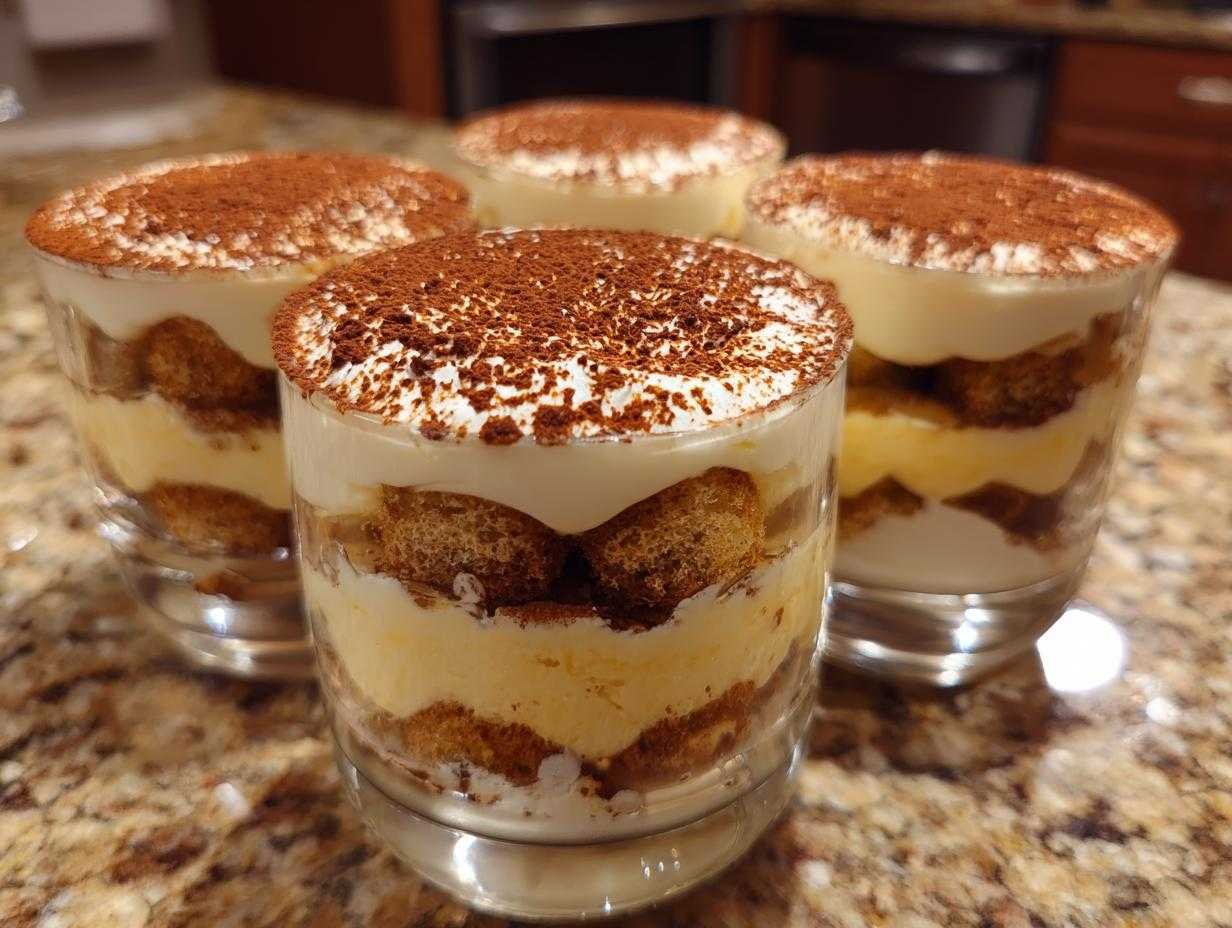 Gros plan sur plusieurs coupes tiramisu aux biscuits, garnies de cacao en poudre.