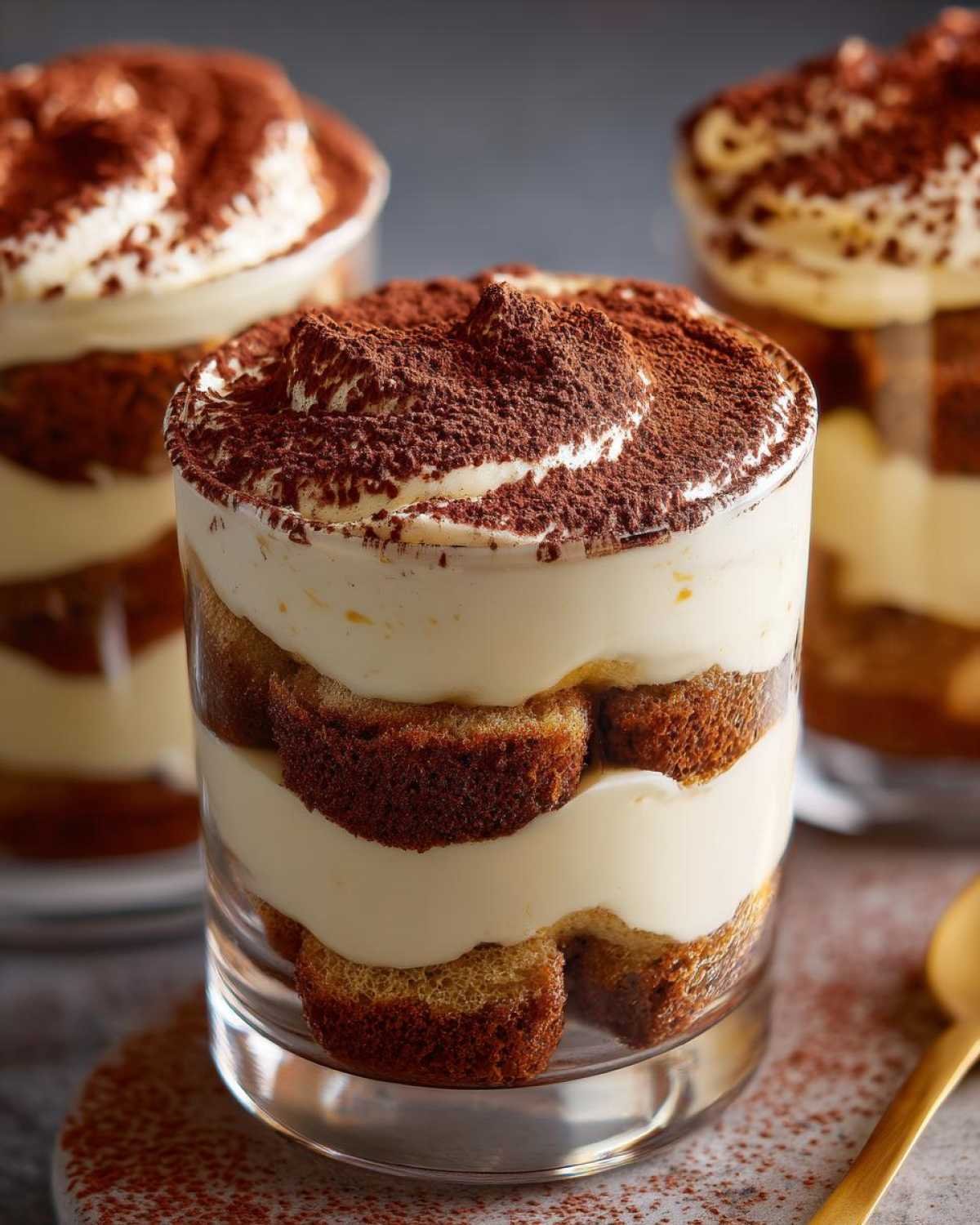Gros plan sur des coupes tiramisu aux biscuits, avec des couches de crème et de cacao.