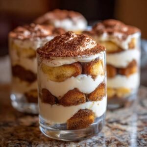 Gros plan sur des coupes tiramisu individuelles aux biscuits, garnies de cacao en poudre.
