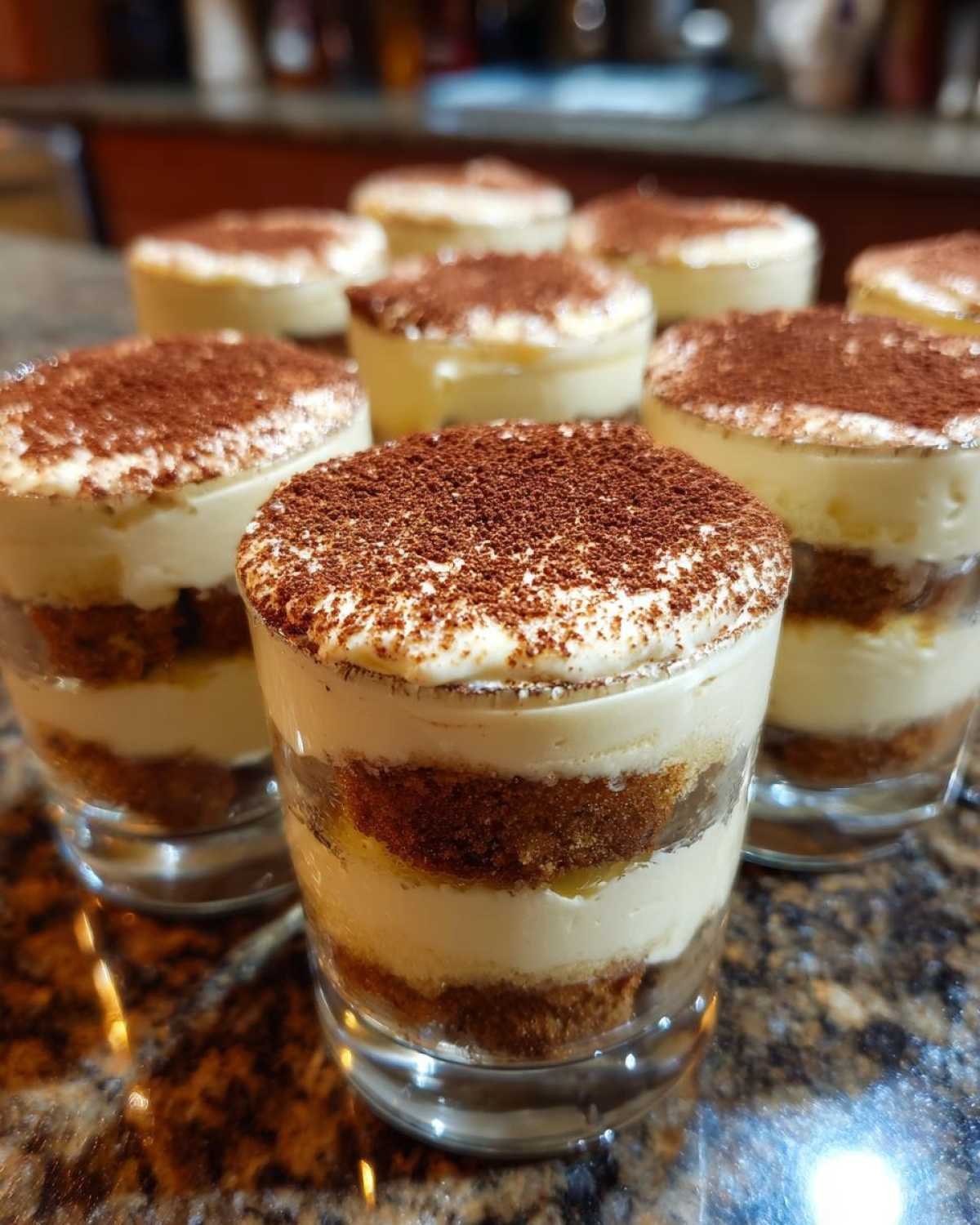 Gros plan sur des coupes tiramisu individuelles aux biscuits, garnies de cacao en poudre.