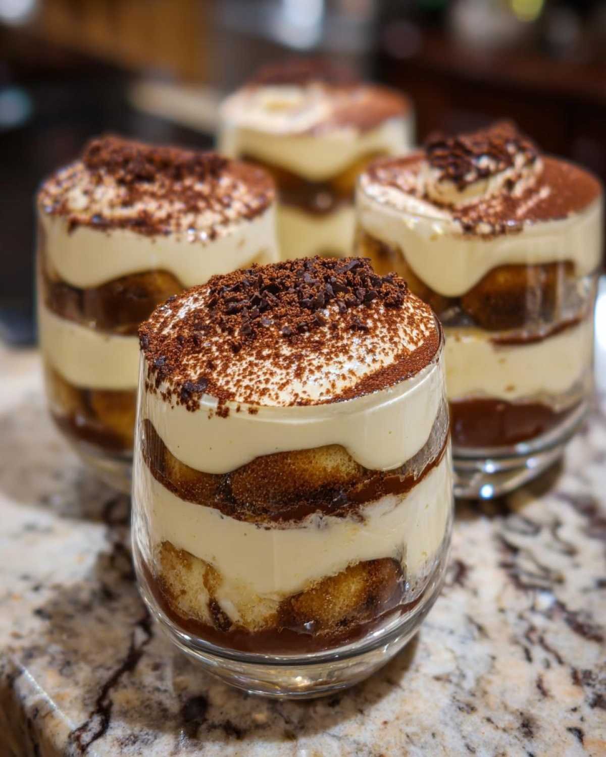 Gros plan de plusieurs coupes tiramisu aux biscuits, crème onctueuse et cacao.