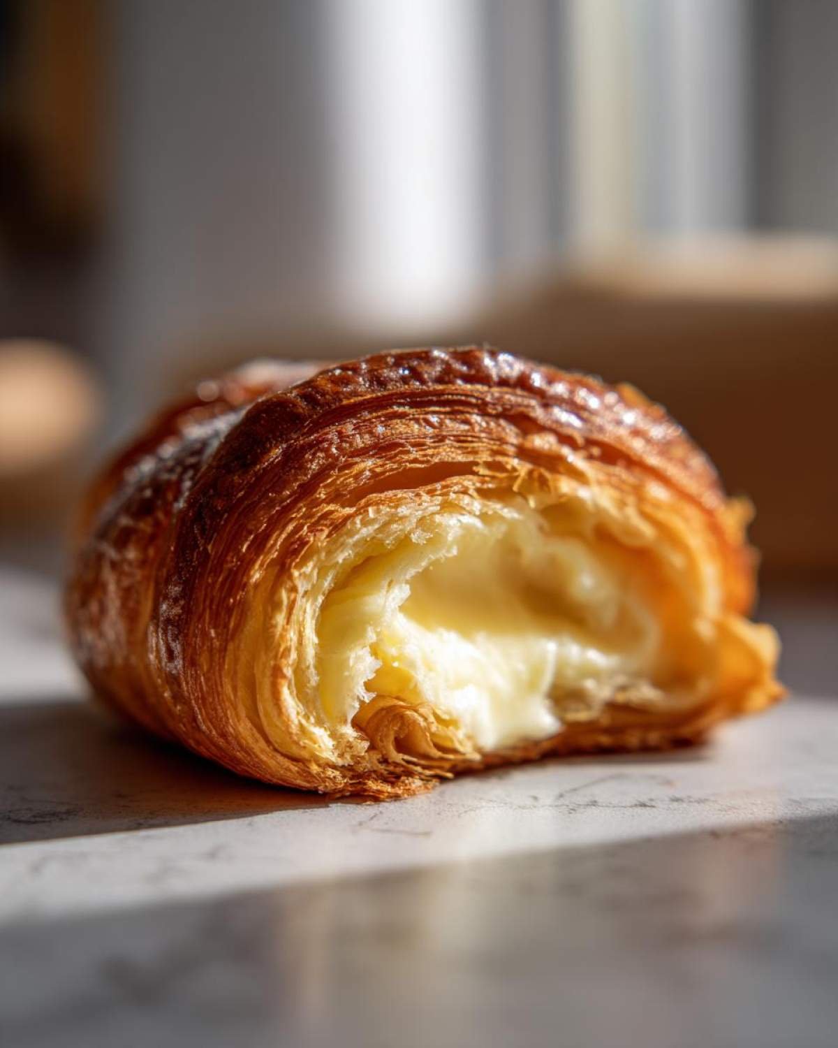 Gros plan d'un croissant au cream cheese keto, feuilleté et doré, avec une garniture crémeuse.