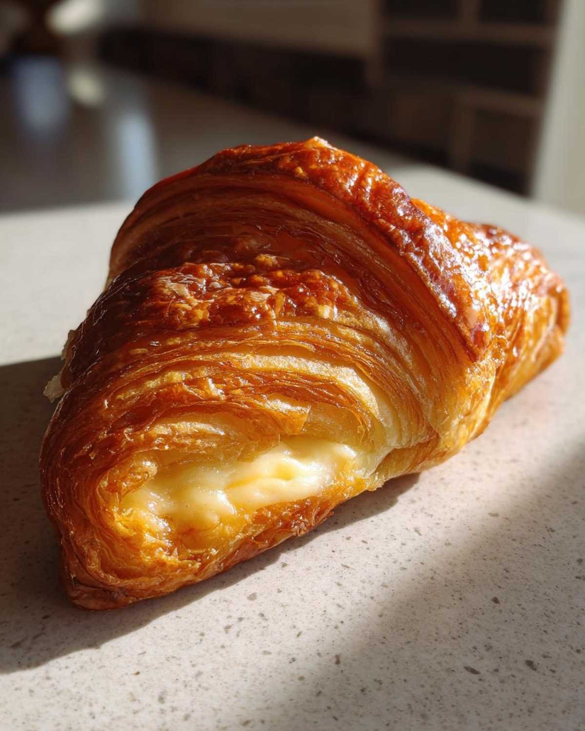 Gros plan d'un croissant au fromage à la danoise, rempli d'une garniture crémeuse, parfait pour un régime keto.
