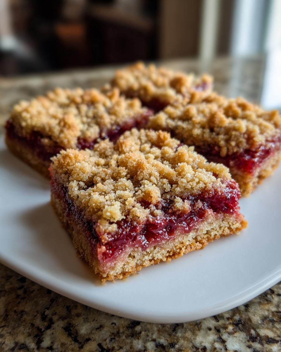 Gros plan sur des carrés de crumble aux cerises sur une assiette blanche, montrant la garniture fruitée et la texture croustillante.