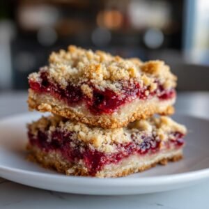 Deux carrés de crumble aux cerises empilés sur une assiette blanche, montrant la garniture aux cerises et la pâte croustillante.