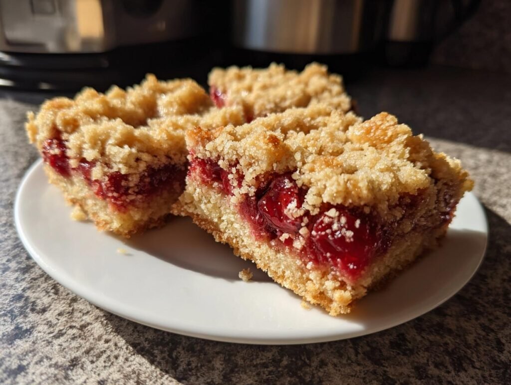 Gros plan de barres de crumble aux cerises sur une assiette blanche, montrant la garniture aux cerises juteuses et la croûte croustillante.