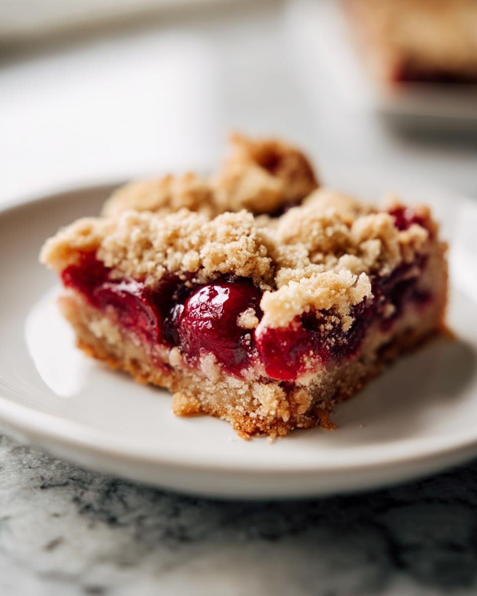 Gros plan d'une part de crumble aux cerises sur une assiette blanche, avec une garniture croustillante et des cerises juteuses.