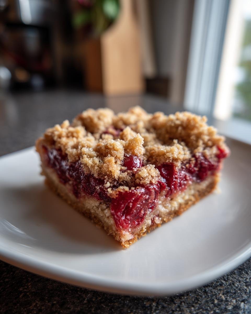 Gros plan d'une part de crumble aux cerises sur une assiette blanche, montrant la garniture aux fruits rouges et la texture croustillante.