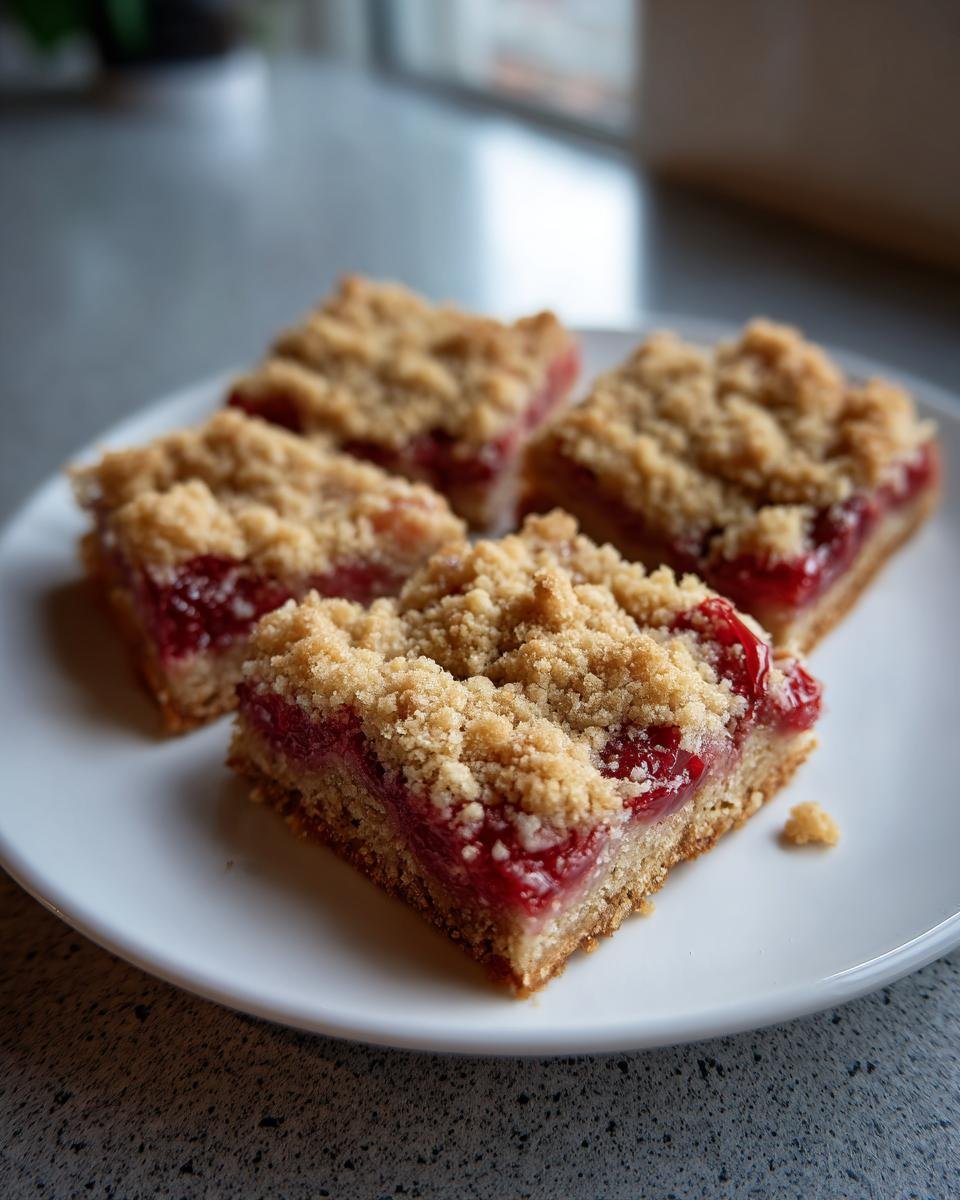 Quatre parts de crumble aux cerises sur une assiette blanche, avec une garniture croustillante et une garniture aux fruits rouges.