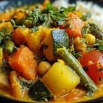 Curry de légumes coloré dans une casserole avec lait de coco et épices