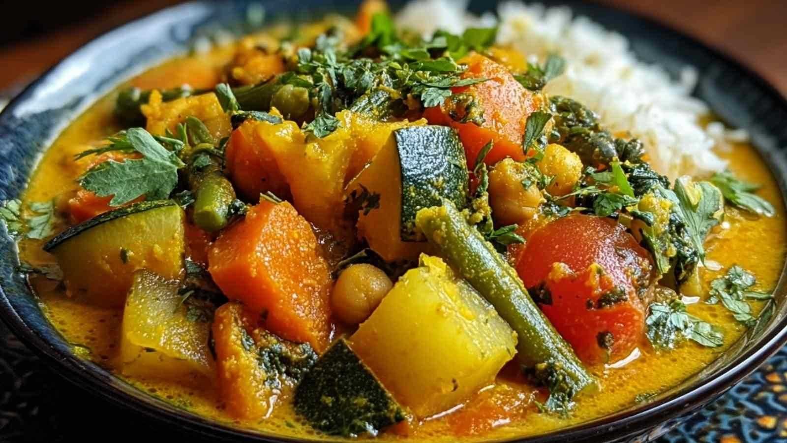 Curry de légumes coloré dans une casserole avec lait de coco et épices