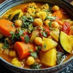 Curry de légumes coloré dans une casserole avec lait de coco et épices